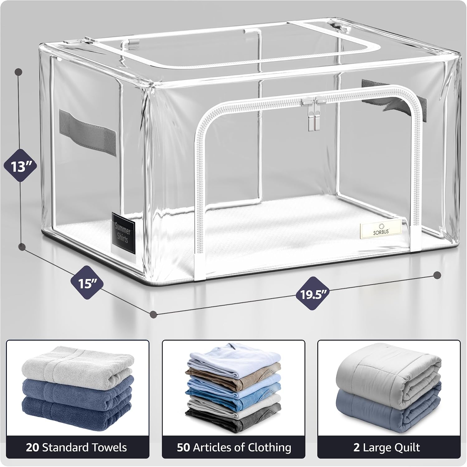Sorbus Storage Bins with Metal Frame - Stackable & Foldable Clothes Organizer Bags - Clear Soft Plastic Storage Containers (2 Pack, Medium)