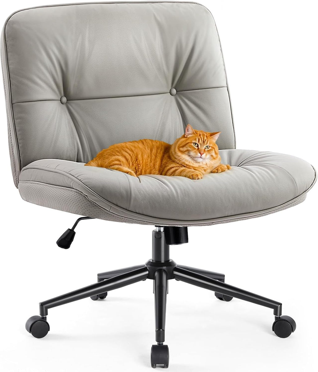 Sweetcrispy Criss Cross Chair with Wheels, Wide Seat PU Leather Armless Office Desk Vanity Chair, Comfortable Adjustable Swivel Computer Task Chairs for Bedroom, Small Space Make Up, Grey