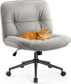 Sweetcrispy Criss Cross Chair with Wheels, Wide Seat PU Leather Armless Office Desk Vanity Chair, Comfortable Adjustable Swivel Computer Task Chairs for Bedroom, Small Space Make Up, Grey