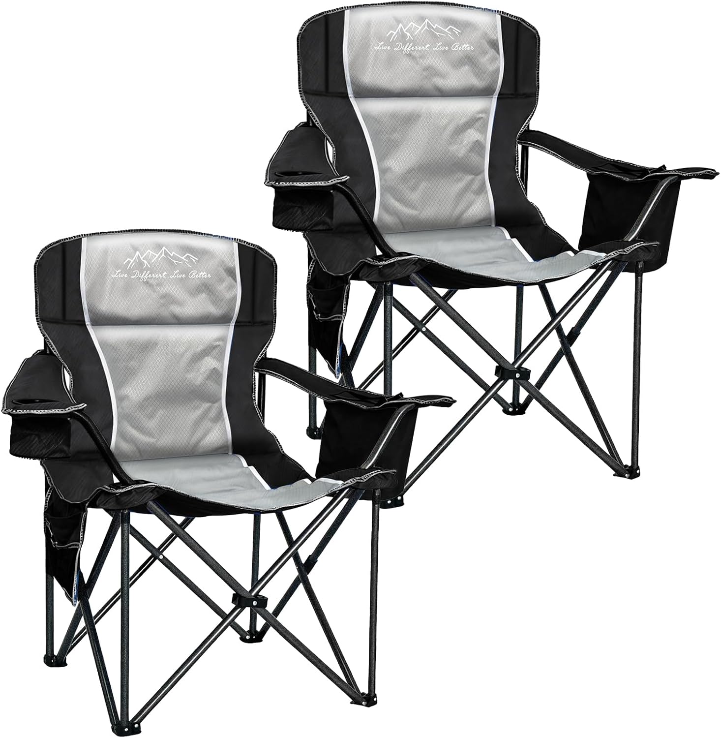 Oversized Camping Chair 500lbs Capacity for Big and Tall, 2 Pack Extra Wide Padded Folding Chair for Heavy People, Heavy Duty Portable Outside Chair with Cooler Bag & Cup Holder, Black