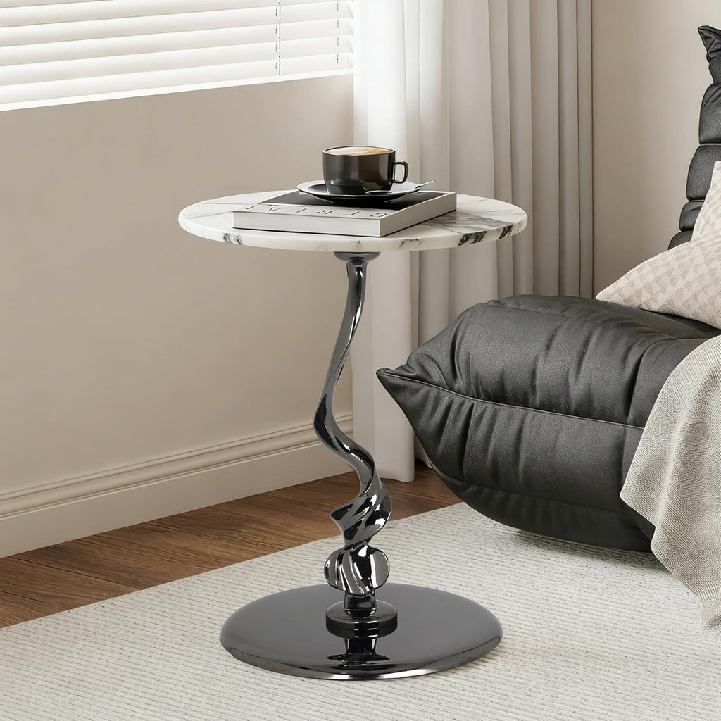 Round Marble Side Table 16 Inch Pedestal End Table for Living Room | natural marble top stainless steel base easy to assemble coffee table plant stand decorative accent
