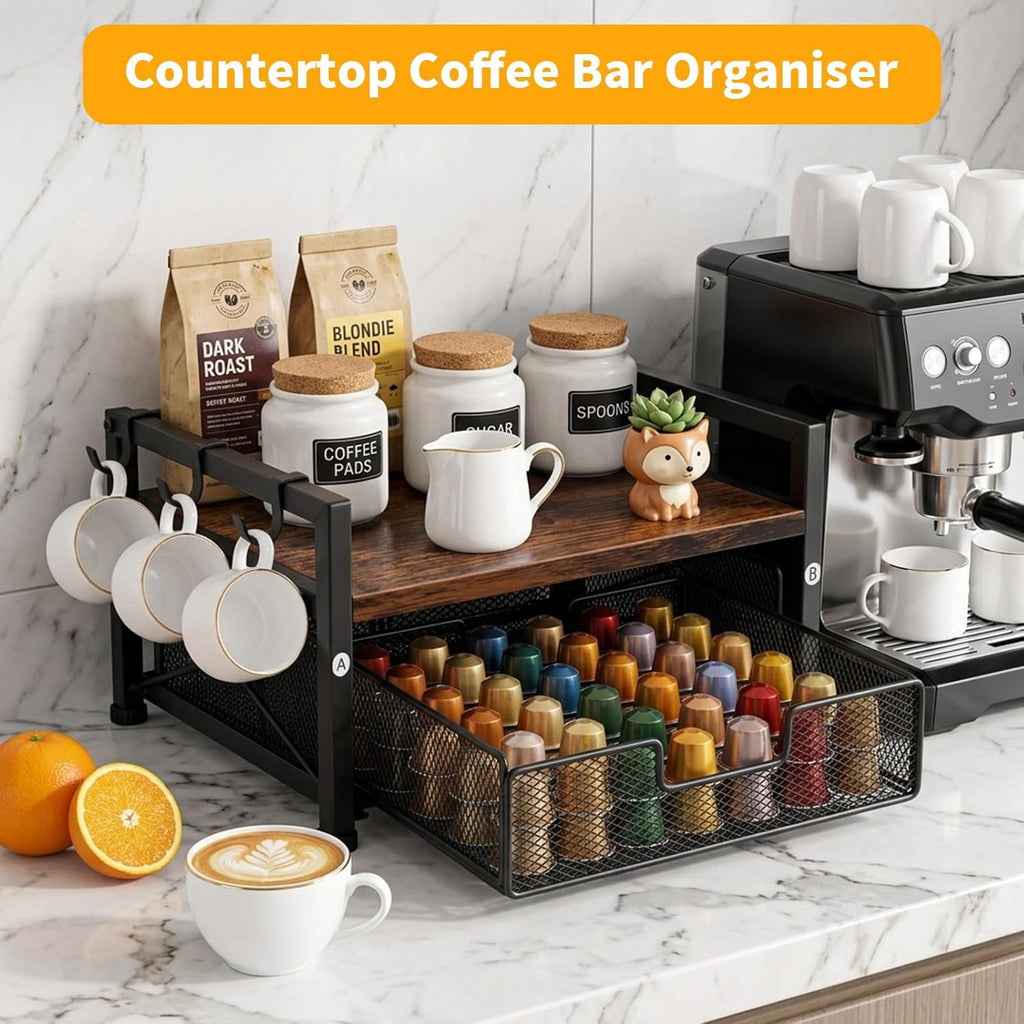 Tea Bag Coffee Bar Organizer,Teabag Holder & Coffee Station with Storage Drawer,Wood Tea Station Chest Display Container Box for Countertop Kitchen (Rustic Brown)