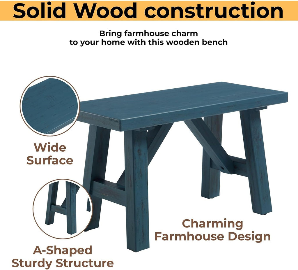 30" Farmhouse Entryway Bench, Rustic Solid Wood Dining Room Bench Small Entryway/Hallway Bench for Indoors Entry Way Seating for Living Room, Hallway, Porch, Easy Assembly, Blue