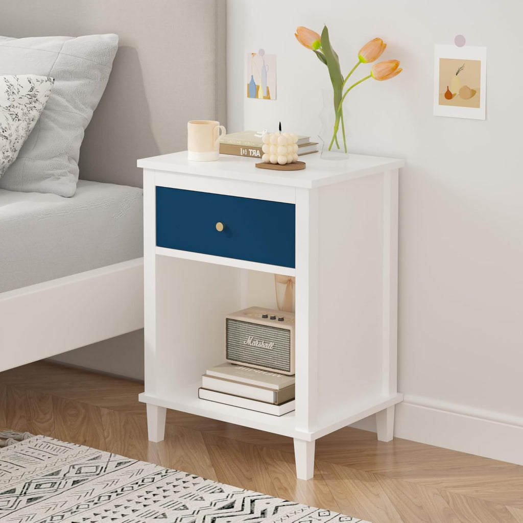 Nightstand with One Drawer & Open Storage Shelf, Modern Wooden Bedside Table for Kids, 26.77''H End Table for Living Room, Bedroom, Toddler Nightstand for Boys and Girls, White+Navy