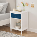 Nightstand with One Drawer & Open Storage Shelf, Modern Wooden Bedside Table for Kids, 26.77''H End Table for Living Room, Bedroom, Toddler Nightstand for Boys and Girls, White+Navy