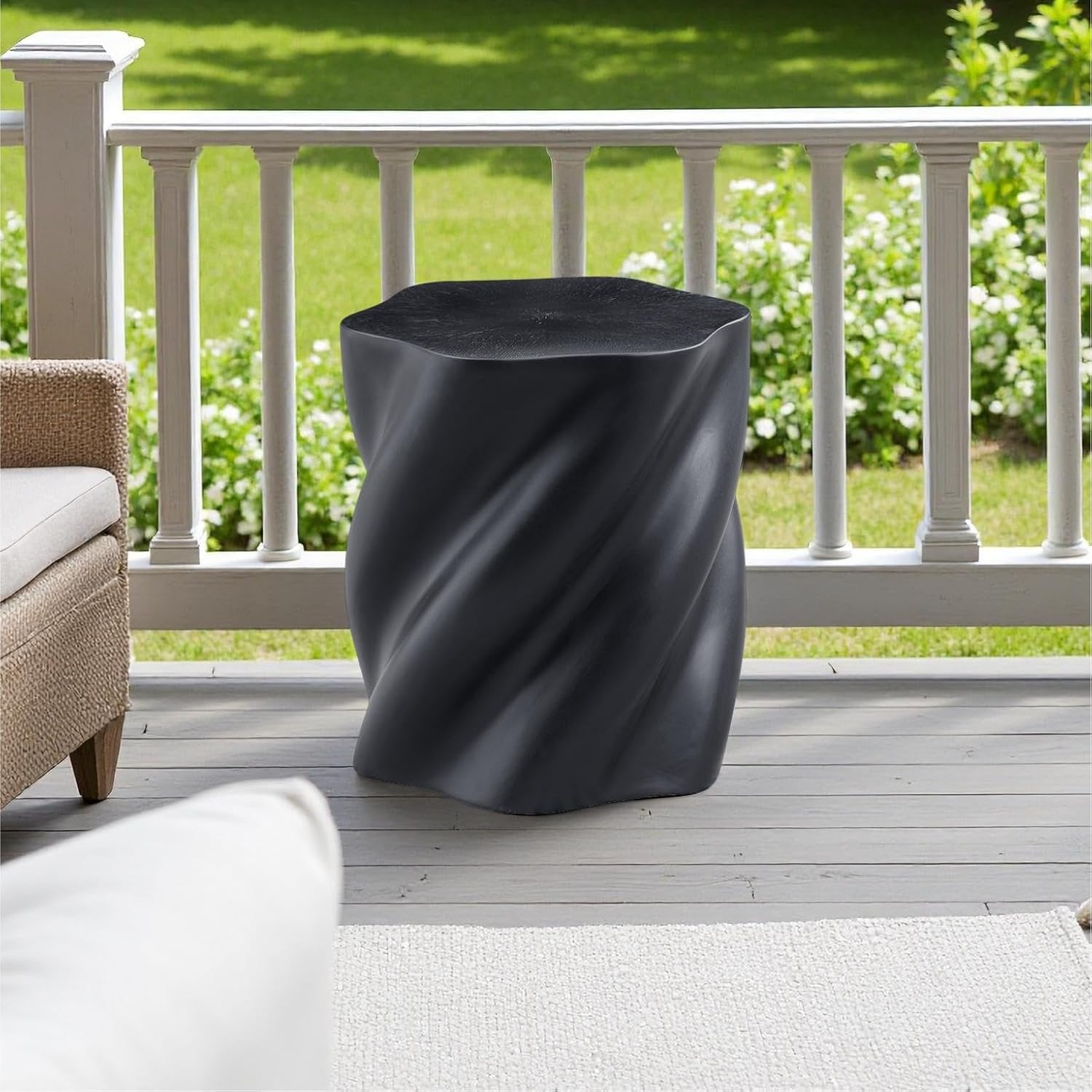 Art Deco Twisted End Table, Organic Sculptural Side Table for Living Room Decor, Modern Nightstand with Smooth Black Fiberglass Finish, Compact Accent Furniture for Small Spaces