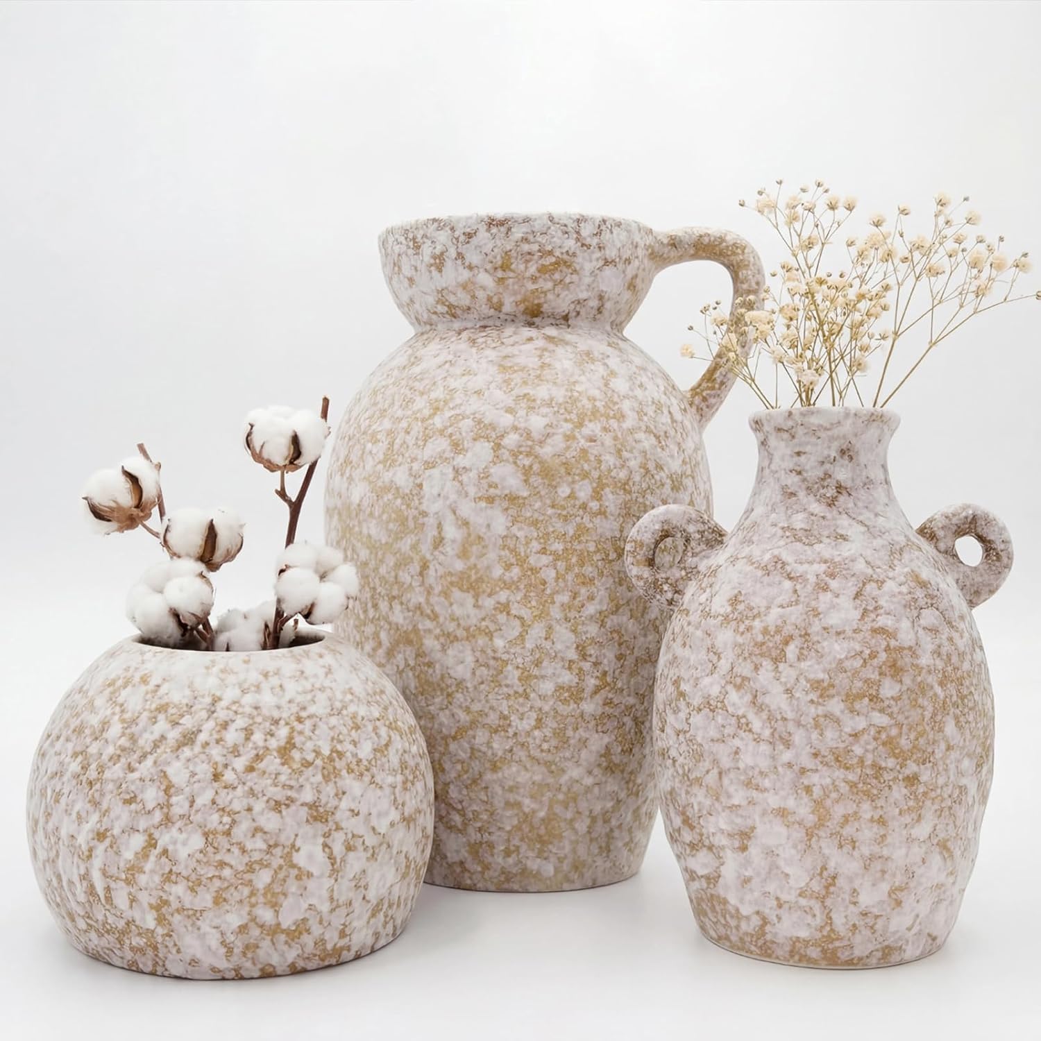 Modern Rustic Farmhouse Ceramic Vase Set of 3, Handmade Speckled Pottery Vases for Table Decor, Small Decorative Vase Centerpiece for Living Room, Mantel & Shelf Styling