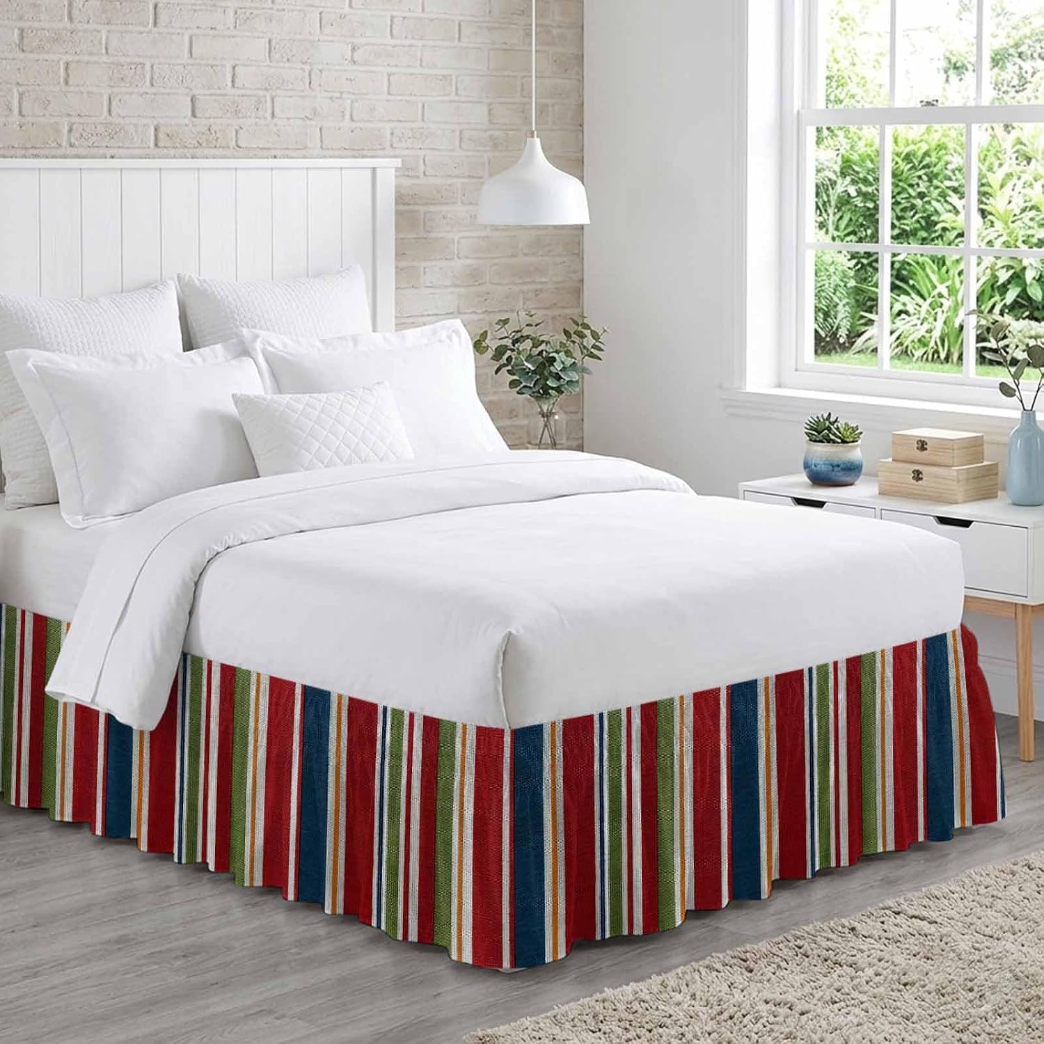 Red Green Striped Bed Skirt Queen Size 16 Inch Drop, Adjustable Elastic Bedskirt Dust Ruffle for Queen Bed, Farmhouse Vintage Minimalist Stripe Wrap Around Bed Skirts Luxurious Pleated Bed Frame Cover