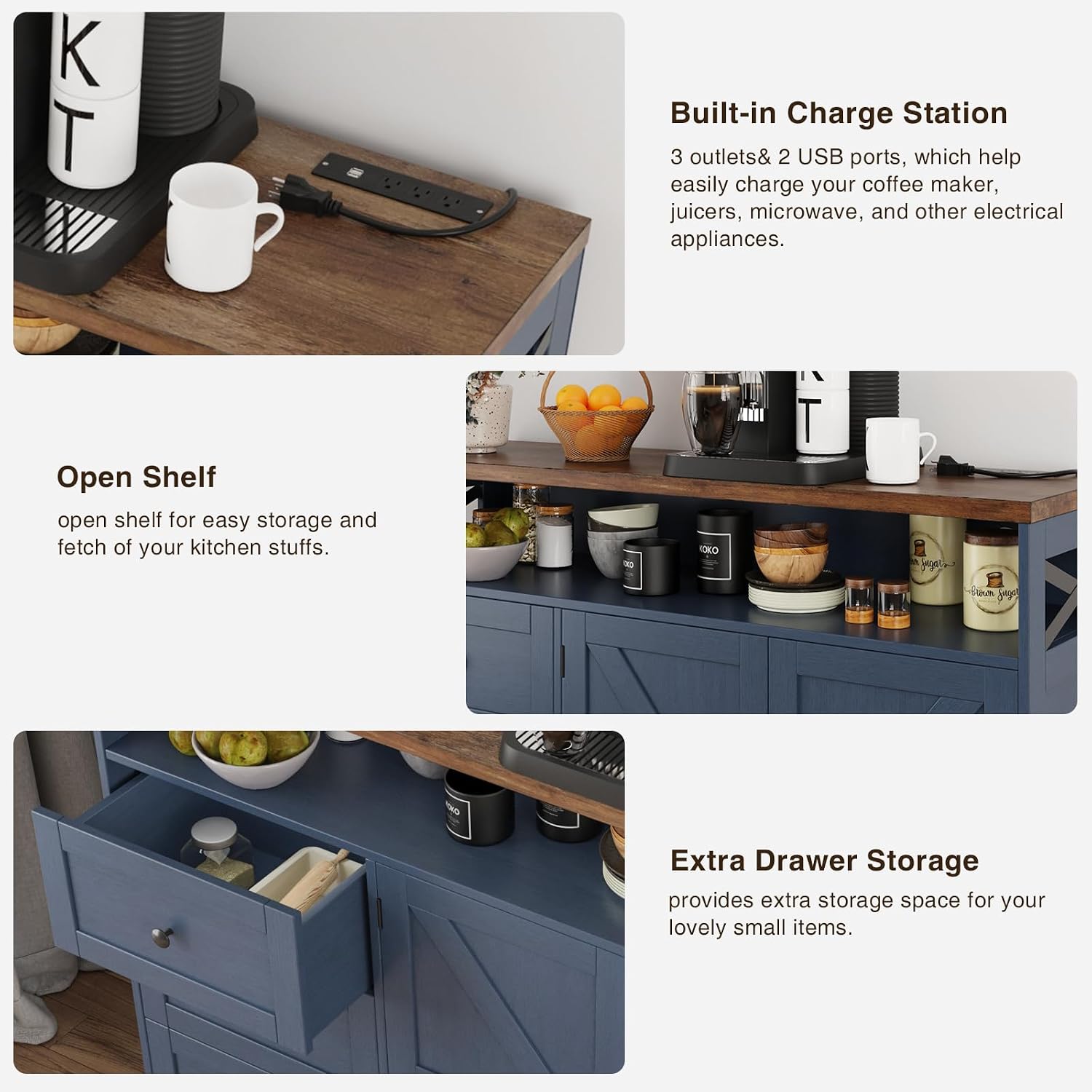 Befrases Farmhouse Buffet Cabinet with Drawers & Open Shelf, Sideboard with Storage, Kitchen Pantry Cabinet Hutch, Coffee Bar Station for Kitchen, Livingroom, 47" L Blue
