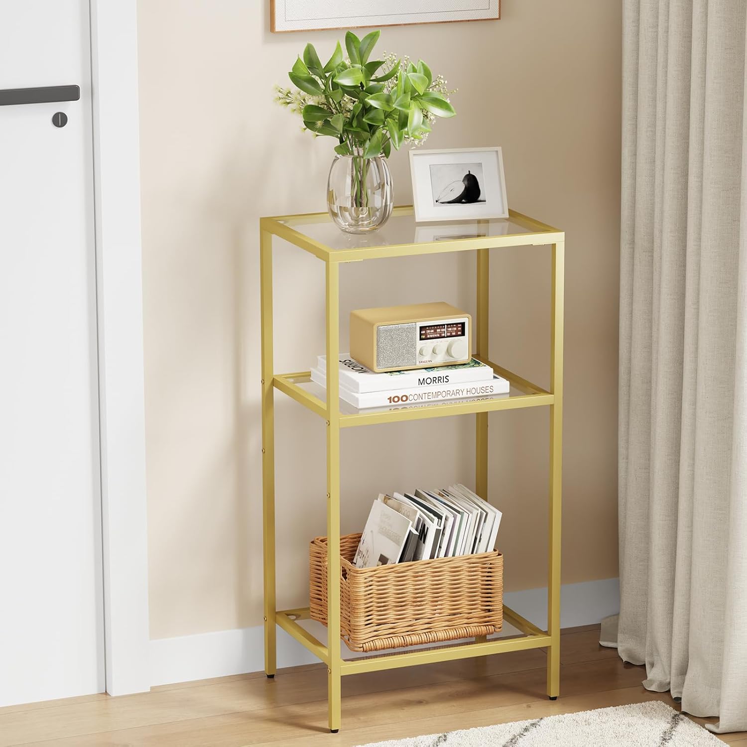 Side Tables Set of 2, Tempered Glass End Table with Metal Frame, 3-Tier Small Nightstands with Storage Shelves,Tall Table Stand for Home Decor, Living Room, Bedroom, Office, Gold（2 Pack）