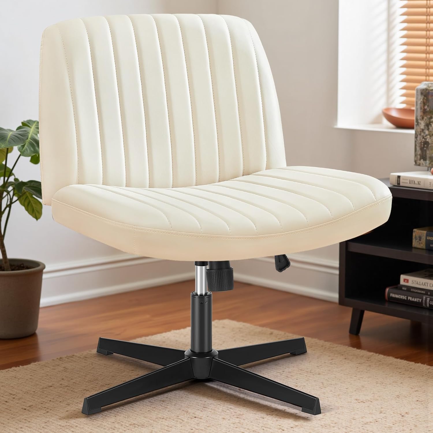 DUMOS Criss Cross Chair No Wheels, Wide Seat Cross Legged Office Desk Vanity Chair, Faux Leather Armless Height Adjustable Swivel Task Computer Chairs for Home, Study, Beige PU