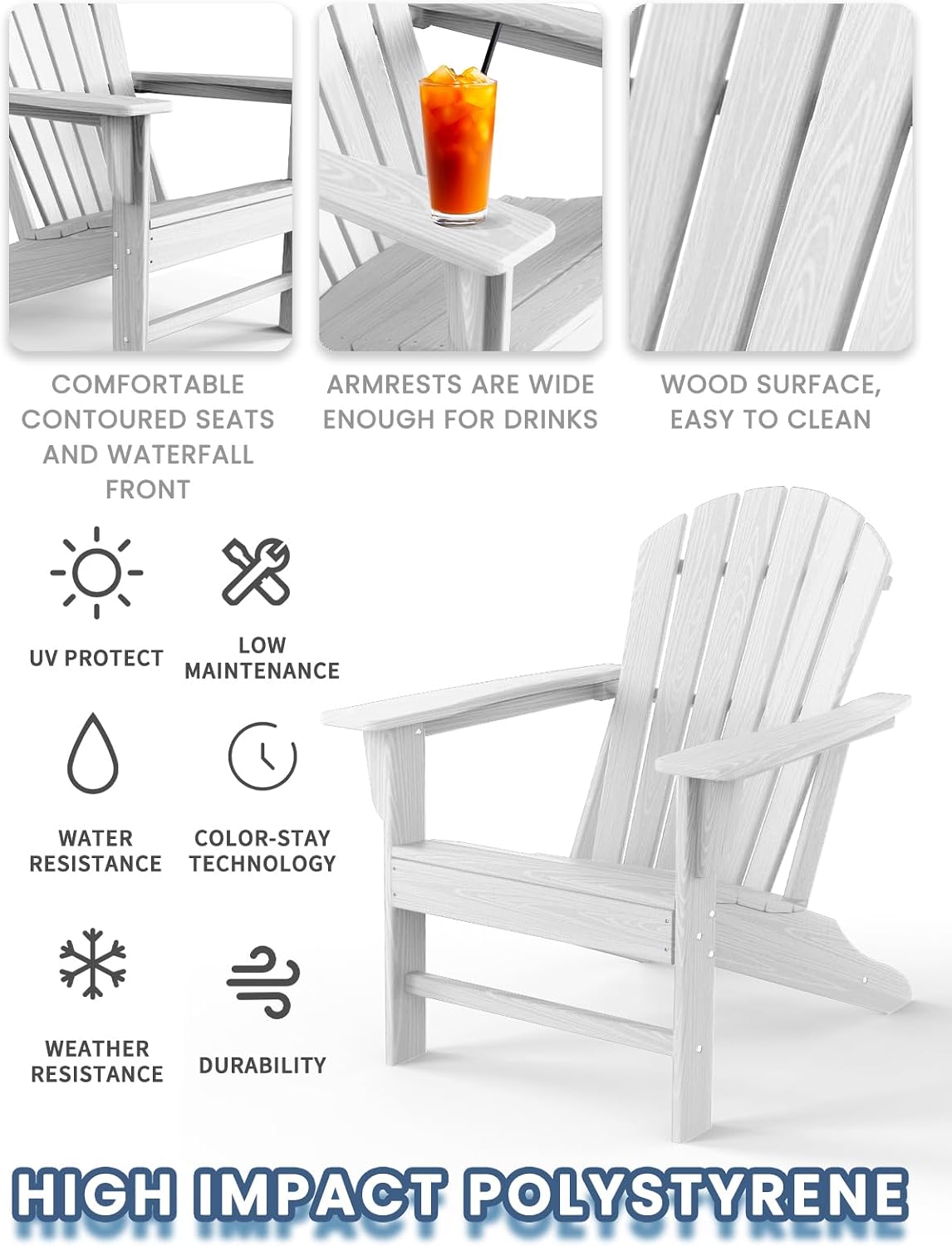 Farmhouse Adirondack Chair Set of 2, Poly Lumber Patio Chairs, Pre-Assembled Weather Resistant Outdoor Chairs for Pool, Deck, Backyard, Garden, Fire Pit Seating, White