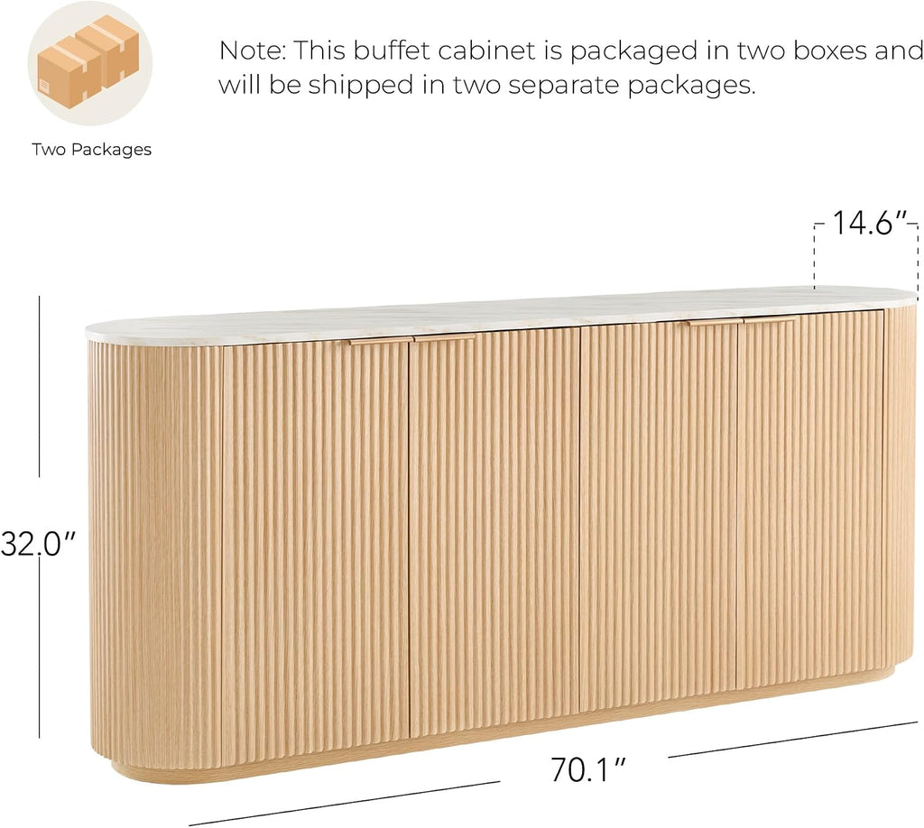 CHITA 70" Sideboard Buffet Cabinet with Storage, Fluted Accent Cabinet with Adjustable Shelves, Media Console for Living Room, 32" H, Oak - Faux Marble