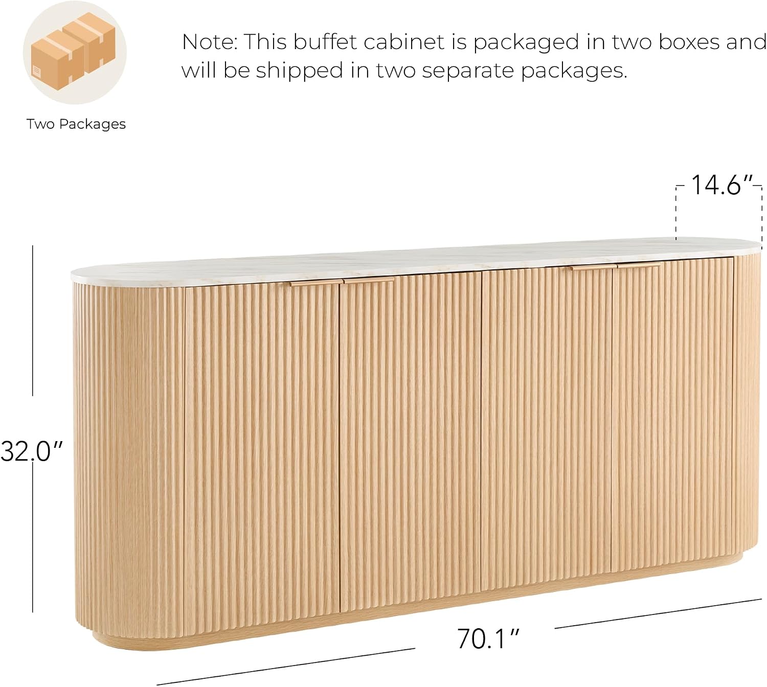 CHITA 70" Sideboard Buffet Cabinet with Storage, Fluted Accent Cabinet with Adjustable Shelves, Media Console for Living Room, 32" H, Oak - Faux Marble