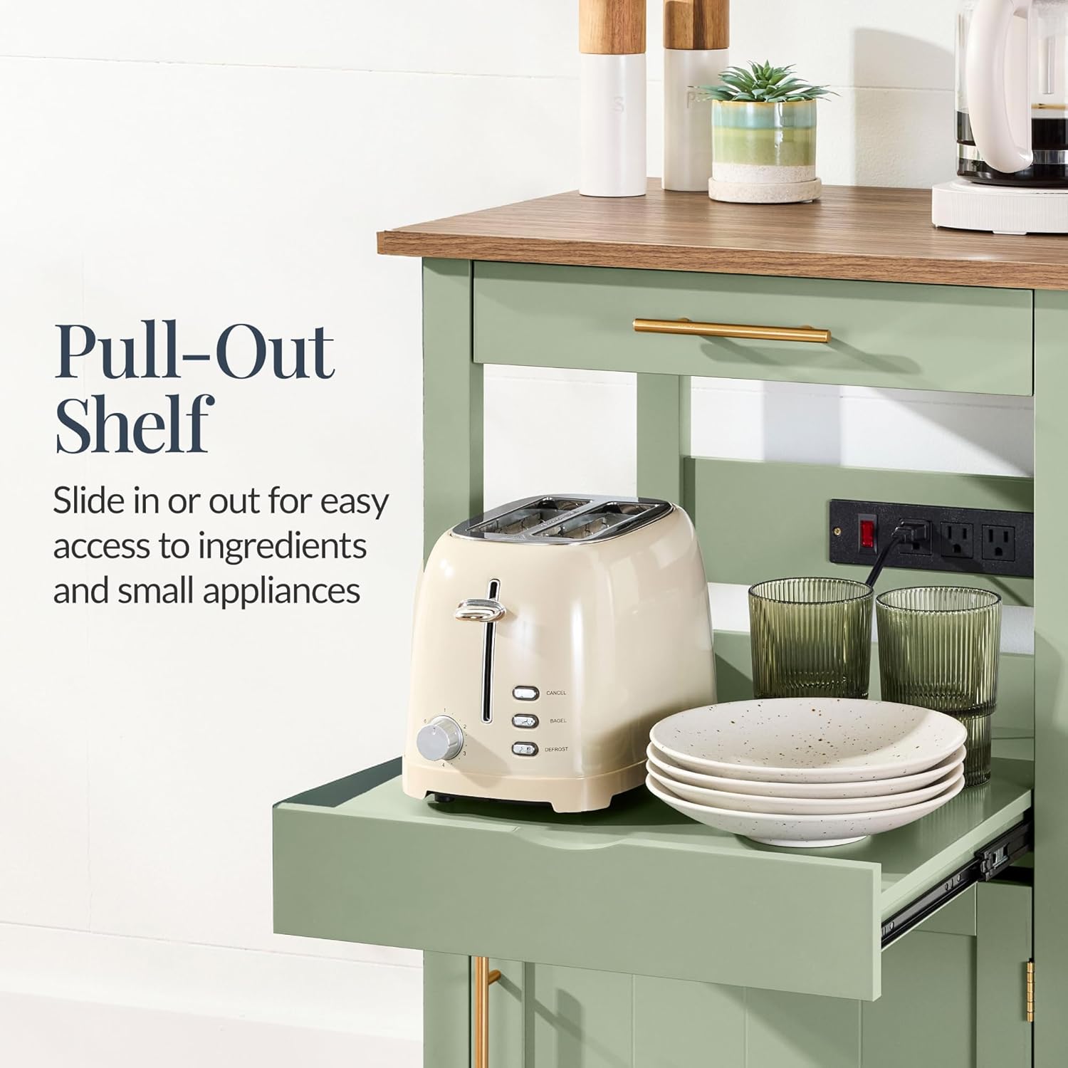 Best Choice Products Rolling Kitchen Island Cart, Single Door Cabinet W/Drawer, Sliding Tray, Outlet, Swivel Lockable Wheels, Hooks, Coffee Cart, Microwave Stand, for Dining Room - Pistachio Green