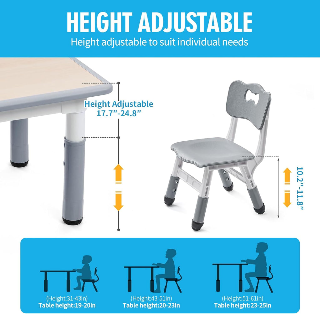 UNICOO - Kids 23""x23"" Three Piece Study Table and Chairs Set, Height Adjustable Plastic Children Art Desk with 2 Seats, Kids Multipurpose Activity Table Set (Maple Top with Grey Border), KT-TCO1