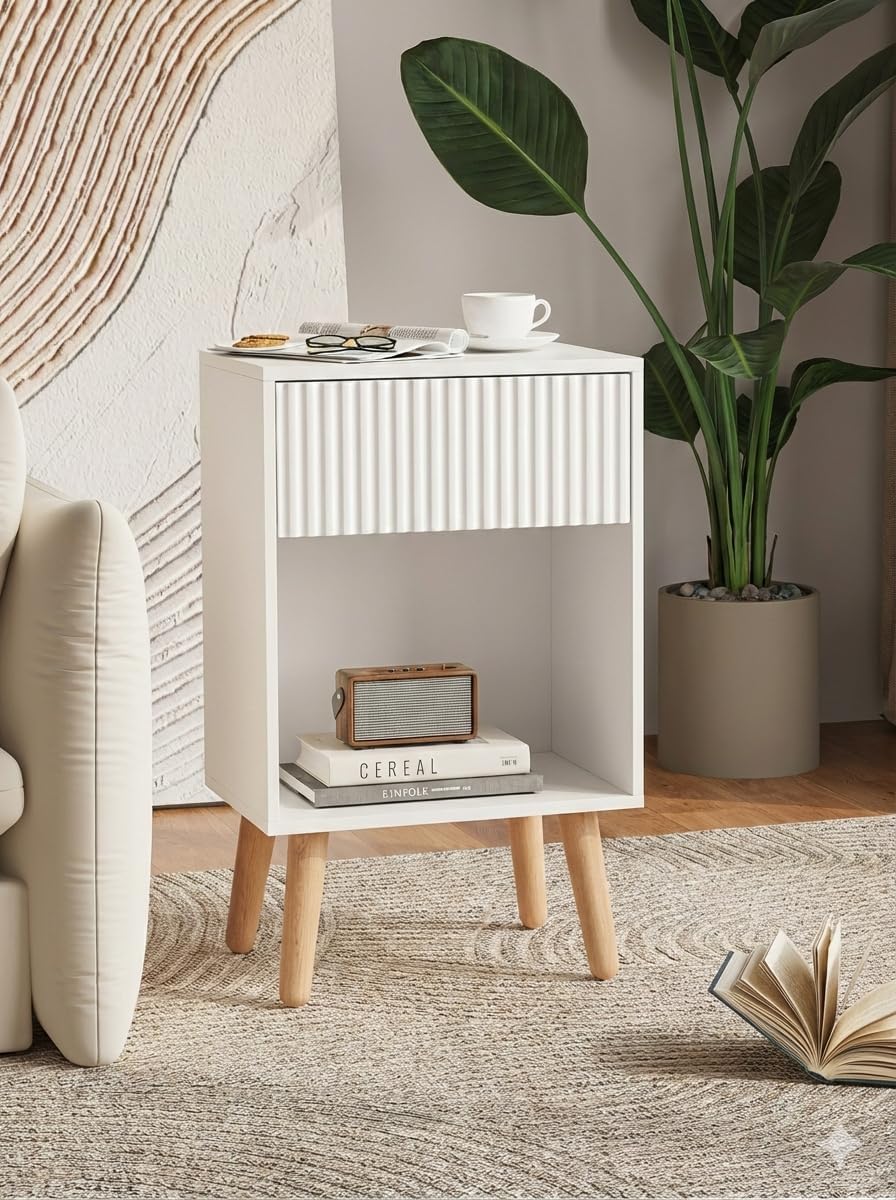 Modern Fluted Nightstand with 2 Storage Drawers Wood Bedside Table with Open Shelf & Solid Wood Legs, Sophisticated End Table for Living Room & Bedroom, Elegant Ribbed Detail Side Table (White)