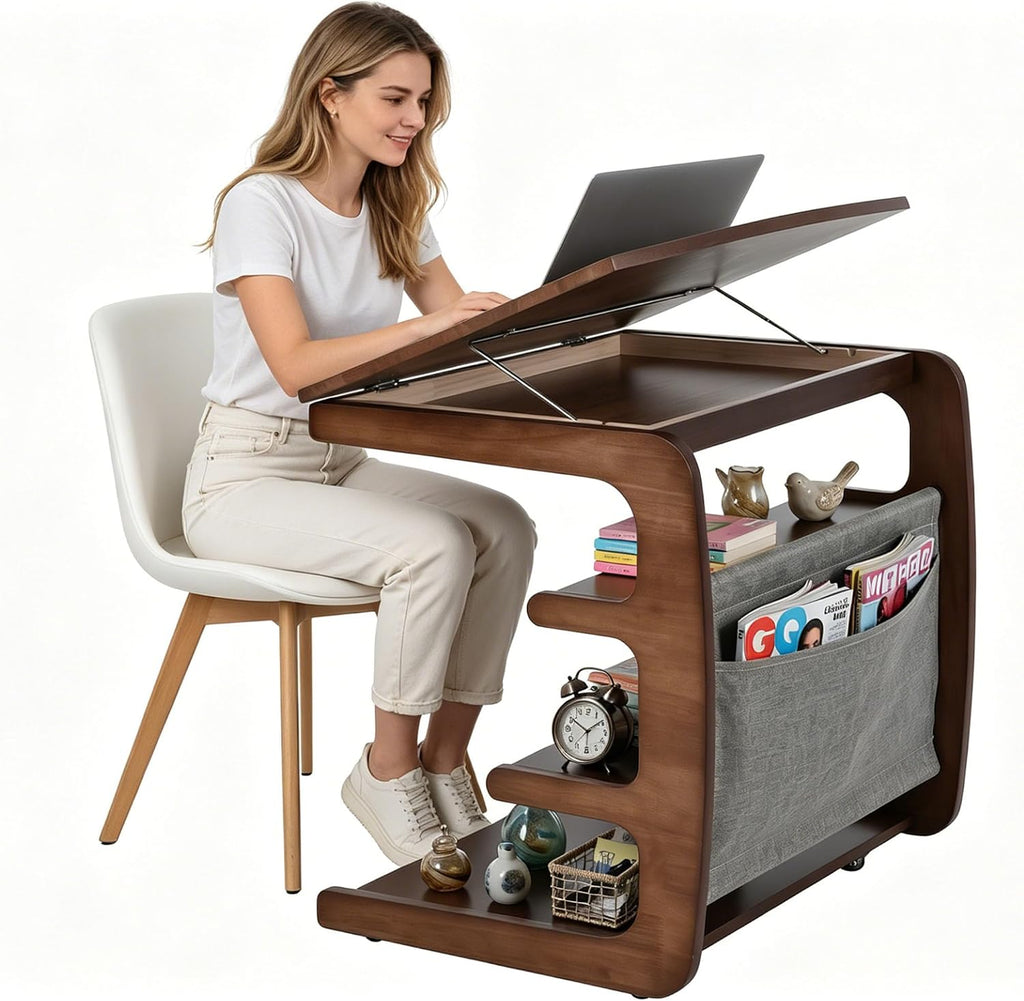 100% Solid Wood C Shaped End Table with Swivel Wheels, Lift Top Couch Table with Storage, Rolling Table that Slide Under Sofa & Bed, 15.75" D x 23.62" W x 24.8" H