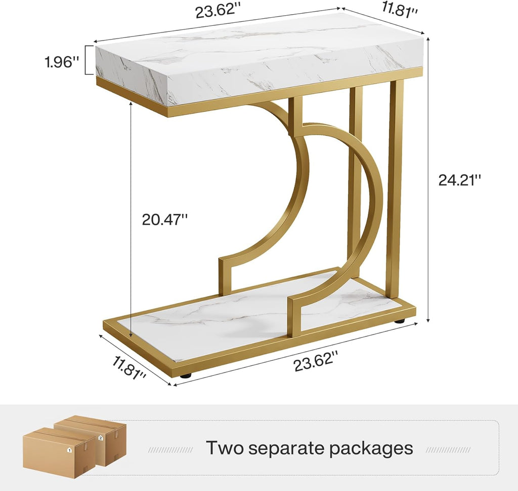 Tribesigns C Shaped Side Table for Coach Modern Narrow End Table with Metal Frame,Sofa Table Bedside Table for Living Room Bedroom (White&Gold)