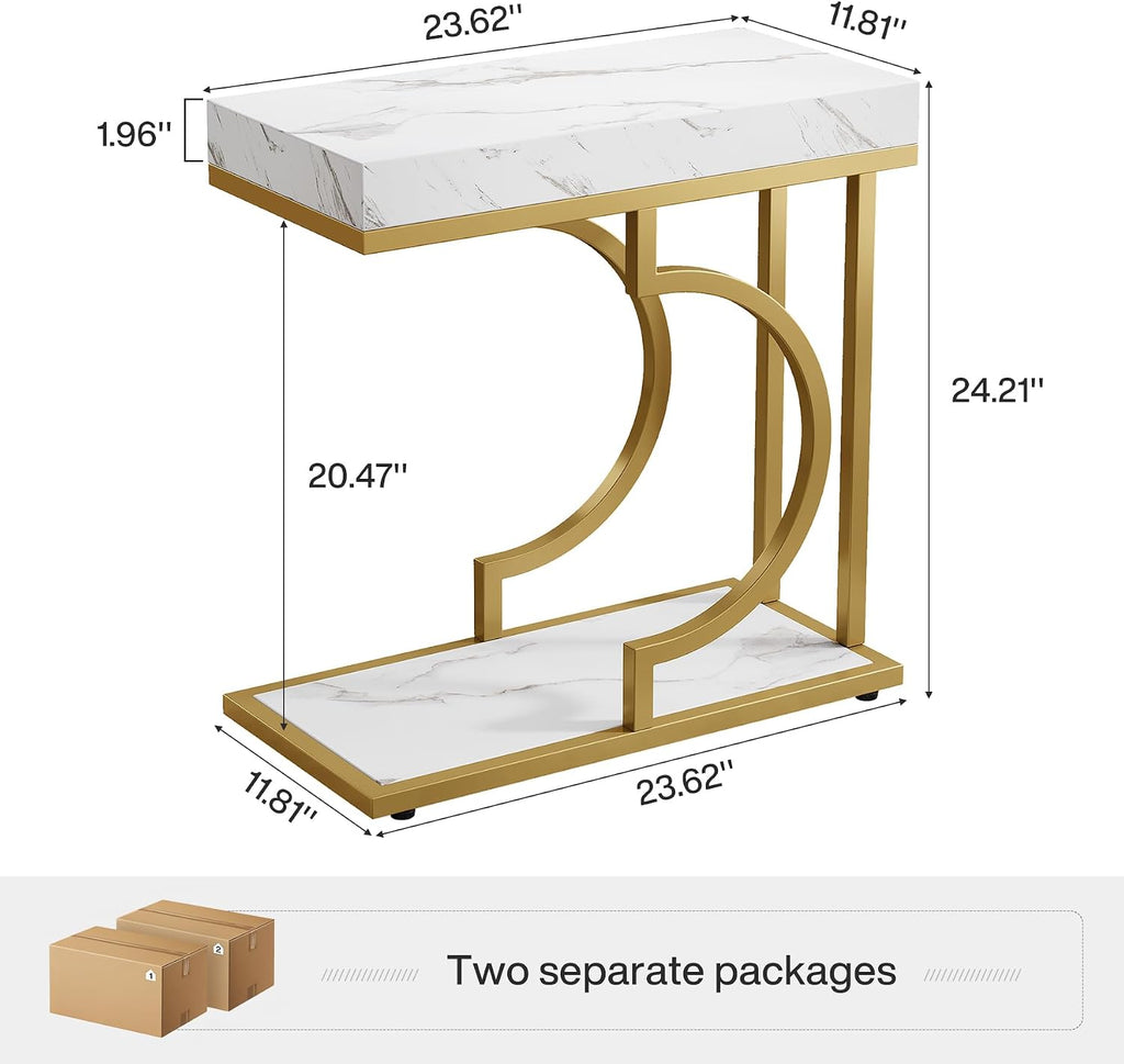 Tribesigns C Shaped Side Table for Coach Modern Narrow End Table with Metal Frame,Sofa Table Bedside Table for Living Room Bedroom (White&Gold)
