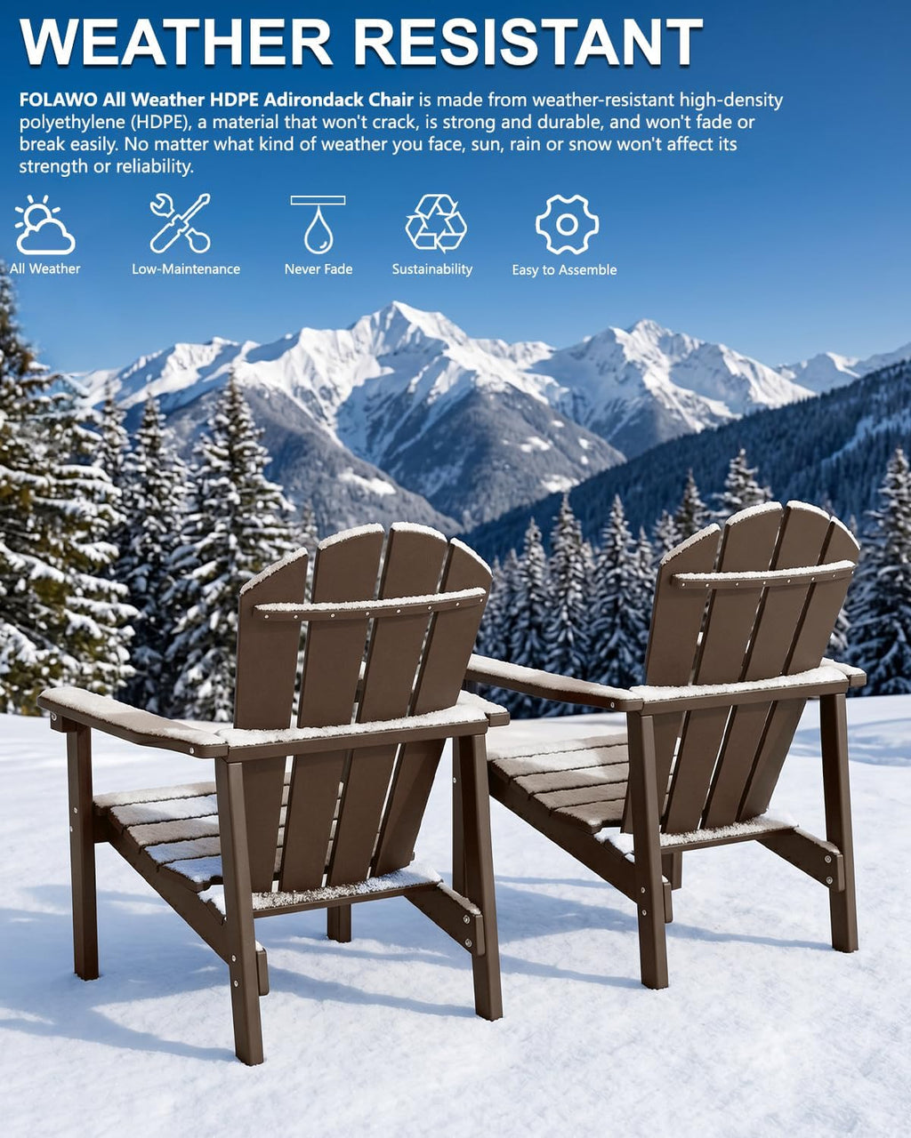 Adirondack Chair Set of 4, All Weather HDPE Fire Pit Chairs, Oversized Plastic Adirondack Chair for Outdoor, Balcony, Deck, Backyard, Patio, Garden, Poolside, Lawn Coffee
