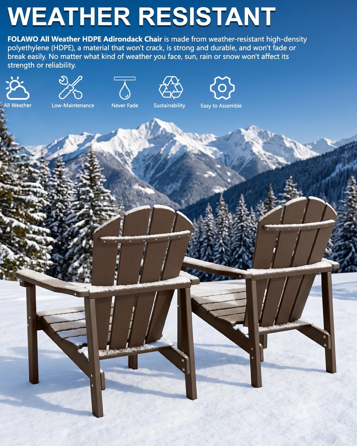 Adirondack Chair Set of 4, All Weather HDPE Fire Pit Chairs, Oversized Plastic Adirondack Chair for Outdoor, Balcony, Deck, Backyard, Patio, Garden, Poolside, Lawn Coffee