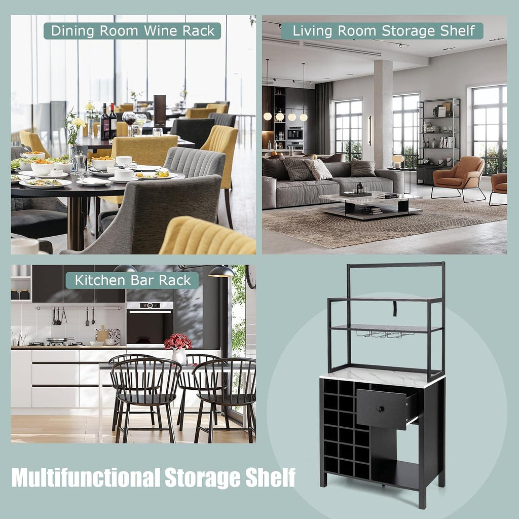 TANGZON Sideboard Wine Cabinet, Kitchen Buffet Cabinet with Glass Holders, 18-Bottle Wine Rack, Drawer, Worktop & Anti-Tipping Device, Home Bar Dining Room Wooden Storage Cupboard (Black)