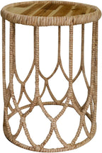 VNT Signature Handwoven Round Side Table with Solid Wood Top – Natural Rattan Accent Table, Artisan-Made