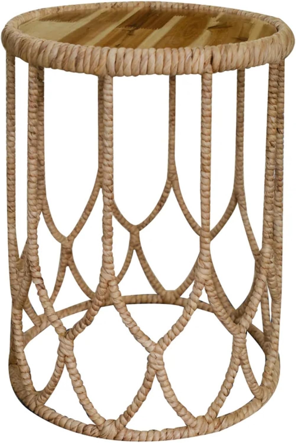 VNT Signature Handwoven Round Side Table with Solid Wood Top – Natural Rattan Accent Table, Artisan-Made