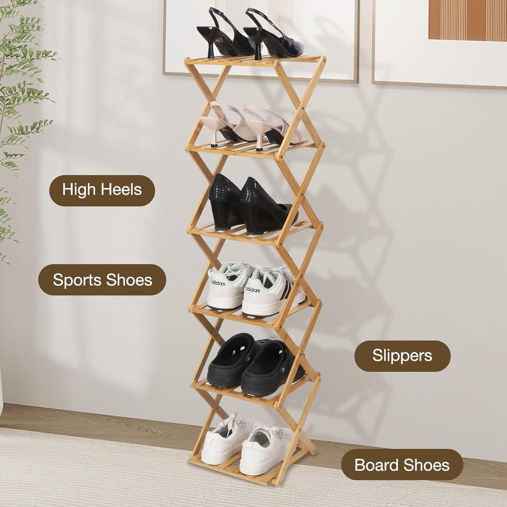 Bamboo Shoe Rack 6 Tier Foldable Shoe Rack Narrow Vertical Shoe Organizer Free Standing Shelf, Multifunctional Slim Storage for Entryway, Corner, Bedroom, Hallway, Wood Color