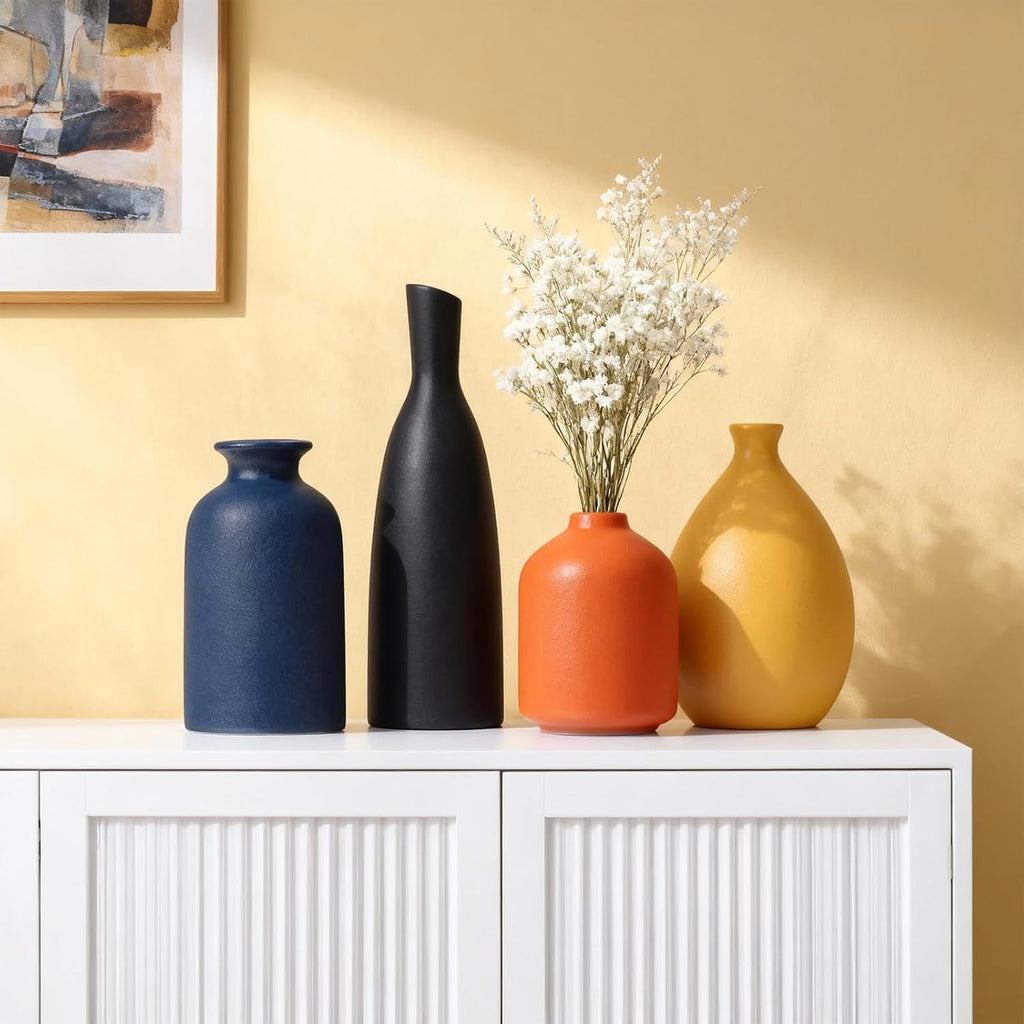 Ceramic Bud Vases Set of 4, Minimalism Style Vases for Rustic Home Decor, Black Yellow Orange Blue Vase, Multi-Color Ceramic Decorative Vases for Modern Home Decor, Floral Arrangements, Centerpieces