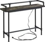 VECELO Narrow Sofa Table with Outlets & USB Ports, Industrial-Style Behind-Couch Table for Entryway, Hallway, Living Room, Bedroom, 39 Inch, Grey Oak