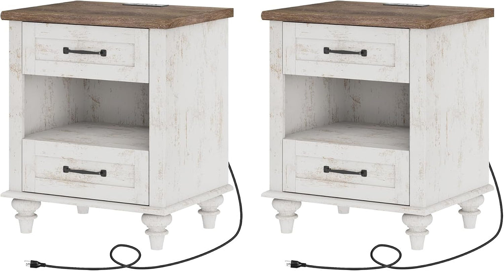 WAMPAT Set of 2 End Tables Nightstands with Charging Station, Sofa Side Tables for Living Room with Drawers & Shelf, Farmhouse Night Stand Wooden Bedside Table for Bedroom, Antique White