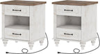 WAMPAT Set of 2 End Tables Nightstands with Charging Station, Sofa Side Tables for Living Room with Drawers & Shelf, Farmhouse Night Stand Wooden Bedside Table for Bedroom, Antique White