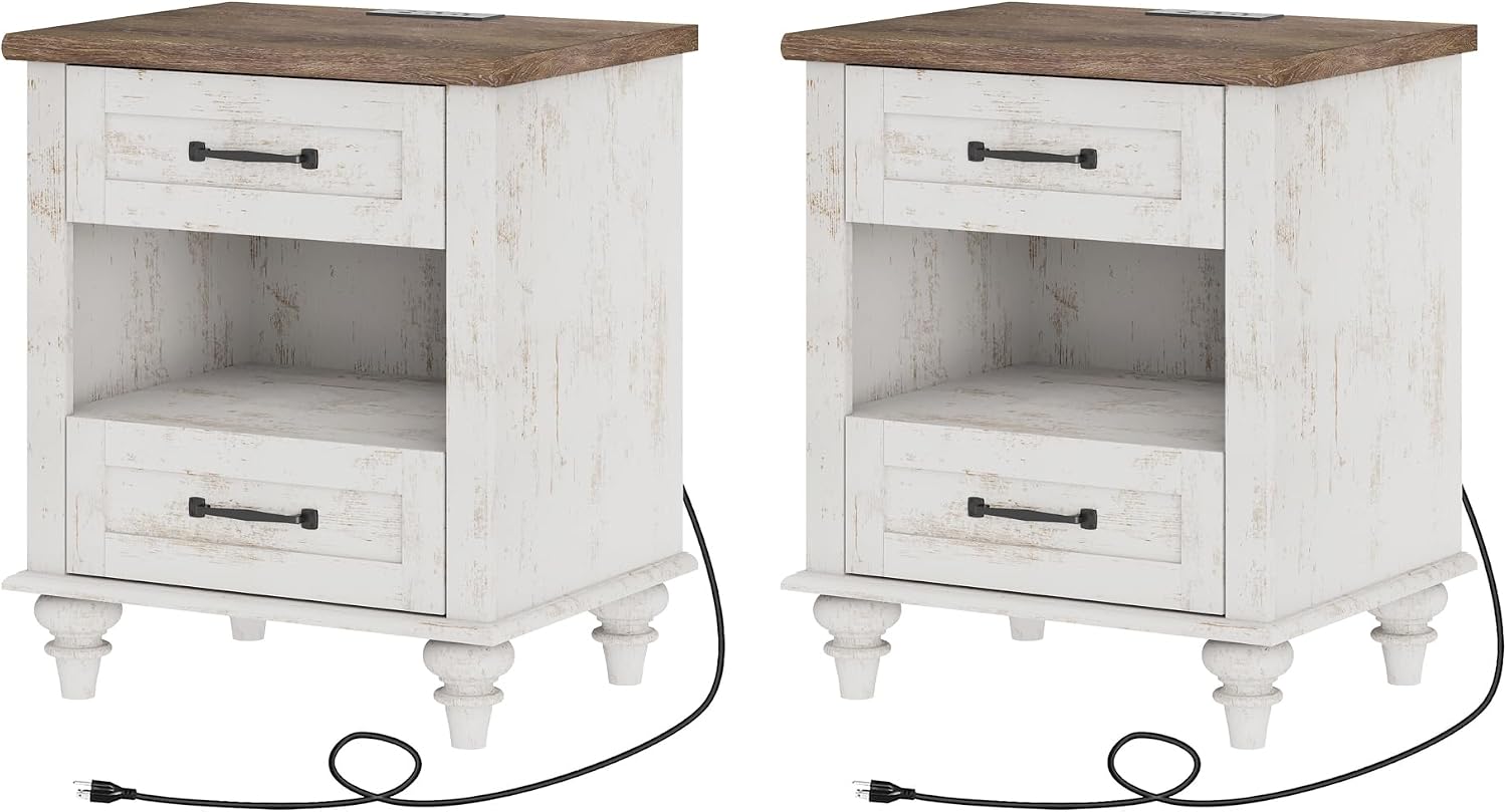 WAMPAT Set of 2 End Tables Nightstands with Charging Station, Sofa Side Tables for Living Room with Drawers & Shelf, Farmhouse Night Stand Wooden Bedside Table for Bedroom, Antique White