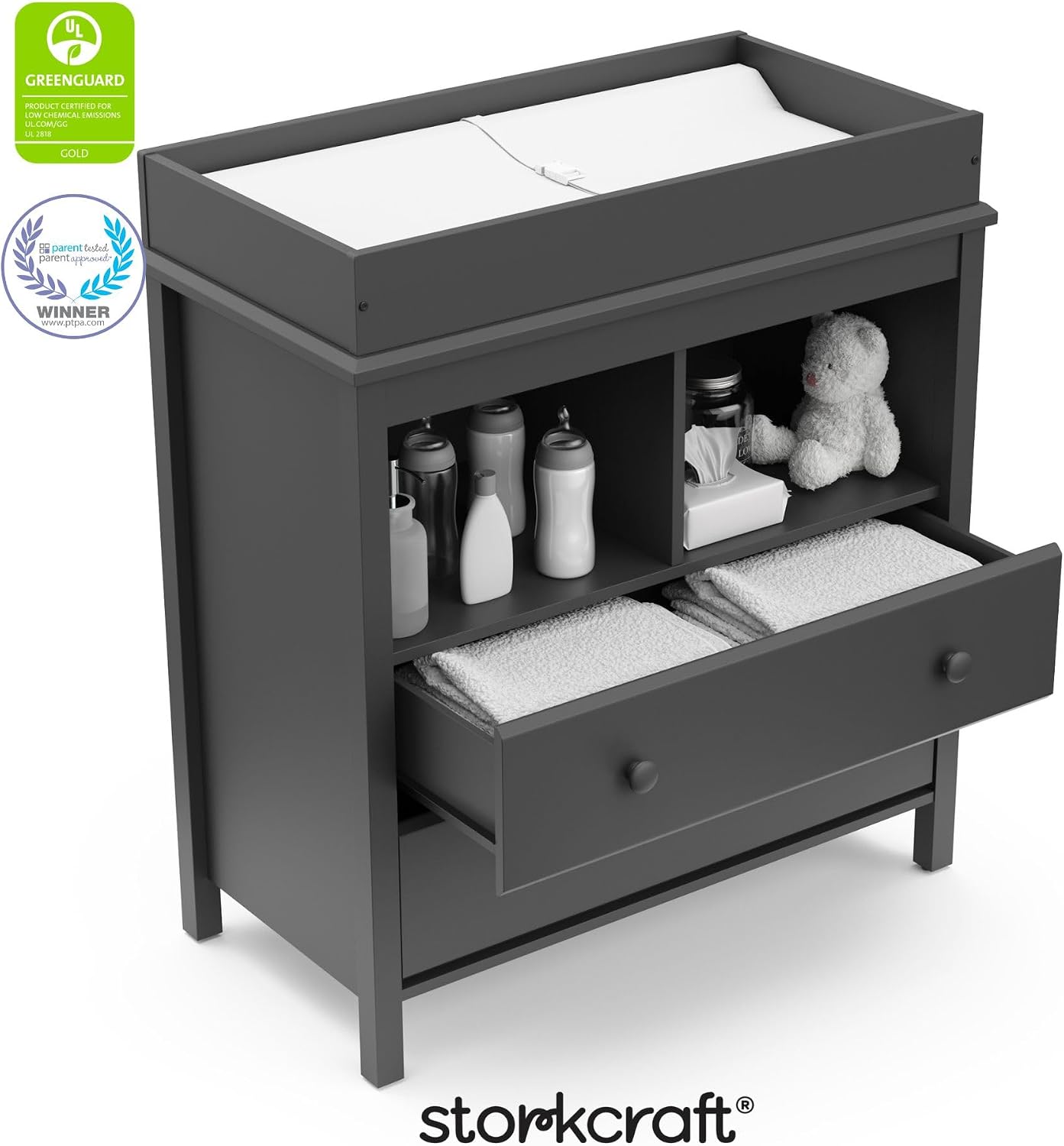 Storkcraft Alpine 2 Drawer Changing Table Chest, Gray | GREENGUARD Gold Certified, Dresser for Nursery, Changing Table with Drawers, Removable Changing Table Topper