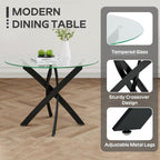 36" Luxury Glass Round Dining Table Set with 4 Velvet& PU Leather Upholstered Dining Chairs, Wooden Legs, Glass Table Top with Black Crossed Metal Legs(Black&Gray)