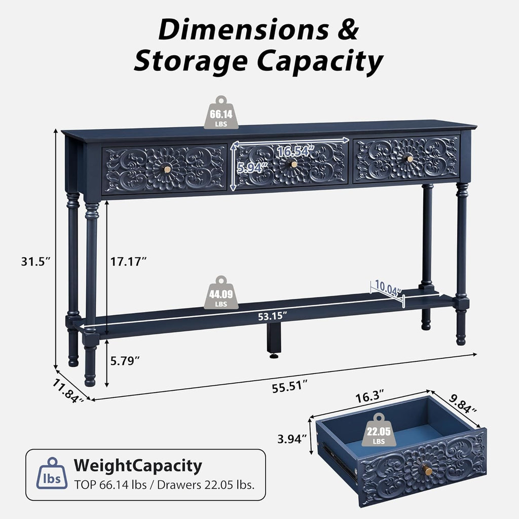 weselon 55.5" Carved Console Table with 3 Drawers, 2-Tier Sofa Table with Glossy Floral Surface and Solid Wood Legs, Mid-Century Modern Entryway Table for Living Room Hallway (Midnight Blue)