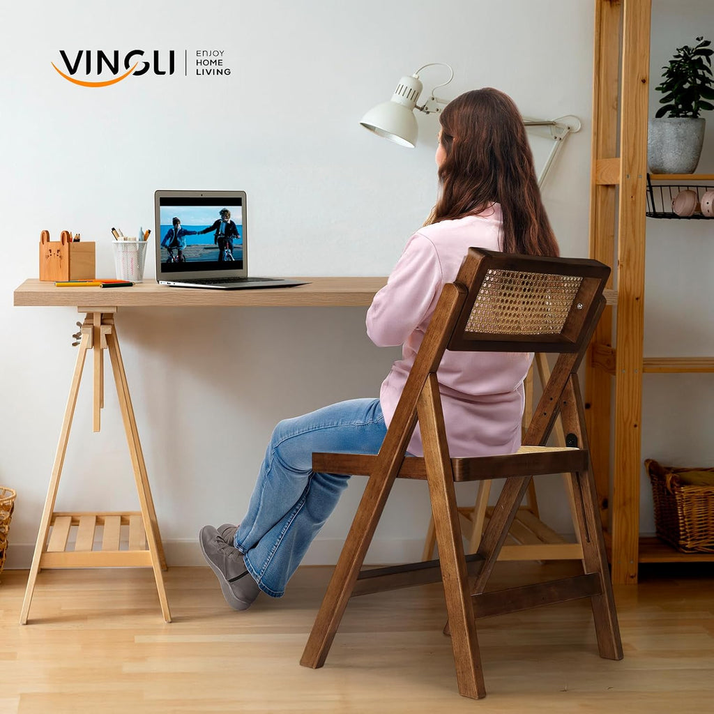 VINGLI 4 Pack Rattan Dining Chair, Wood Folding Chair with 360° Swivel Backrest, Rubberwood Frame and Rattan Woven Seat and Back, Walnut, Set of 4