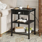 Small Side Table with Charging Station, 3-Tier Adjustable Nightstand with Outlets and USB Ports for Living Room Bedroom, Black Metal End Table for Small Spaces