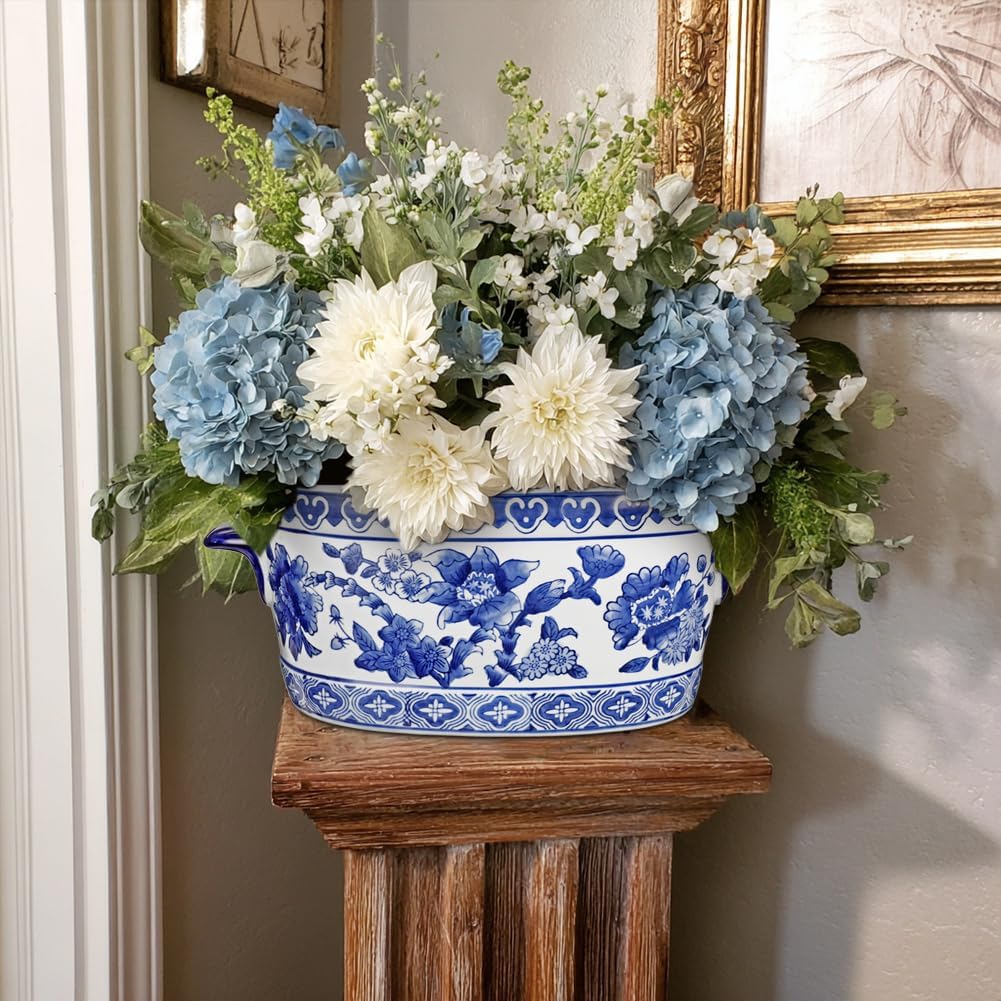 Blue and White Ceramic Planter Pot – Vintage Floral Oval Cachepot Vase for Indoor Plants, Flowers & Succulents – Glazed Chinese Porcelain Style Decorative Bowl – 7.4" or 10.6" Size – No Drainage