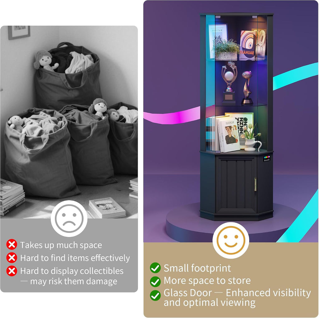 69" Corner Glass Display Cabinet with Human Body Sensor,3-Tier Movable Glass Shelves,Curio Display with RGB Lights,Bookcase with Storage Cabinet for Toys,Books,Collectibles,Liquor,Black