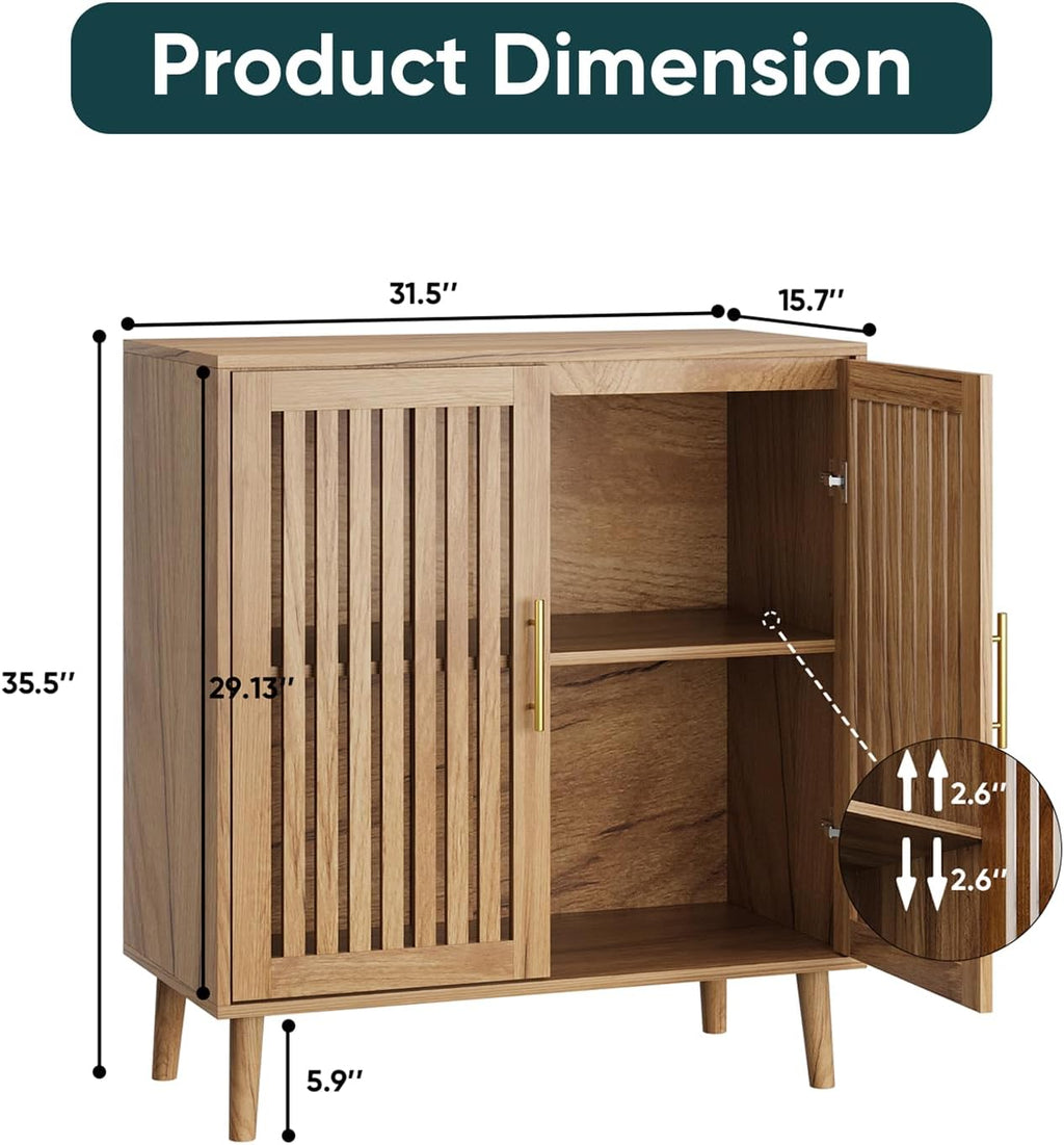 Buffet Cabinet with Storage,Sideboard with Grille Doors&Adjustable Shelf, Wood Coffee Bar Storage Cabinet for Kitchen Living Room Entryway (Natural Wood, 31.5 Inch)