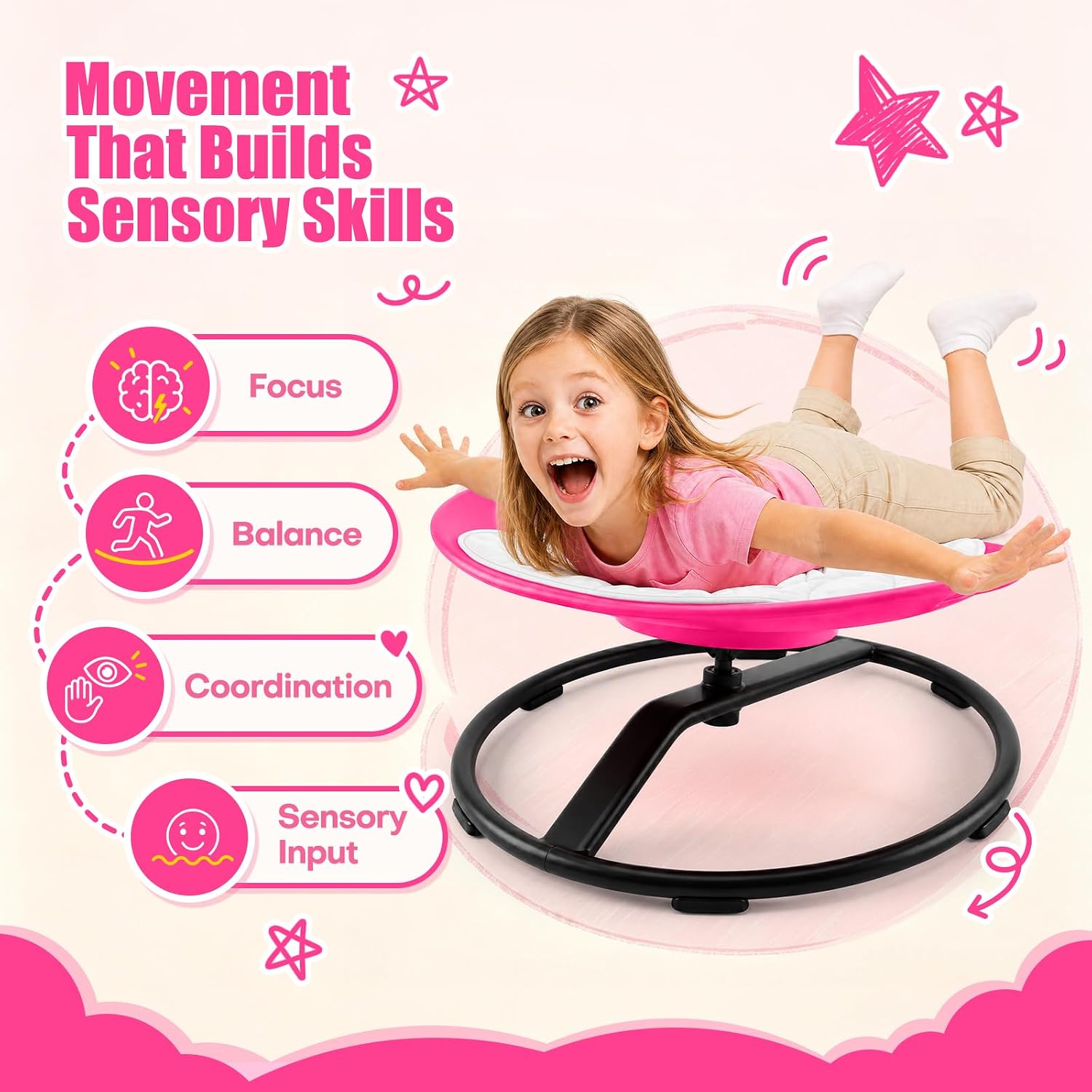 JOYCAT Spinning Chair for Autistic Kids, 360° Sensory Swivel Chair with Soft Washable Cushion, Grip Handles & Anti-Slip Base,220LBS Kids Spin Chair for Autism Sensory Play,Classroom & Calm Corner,Pink