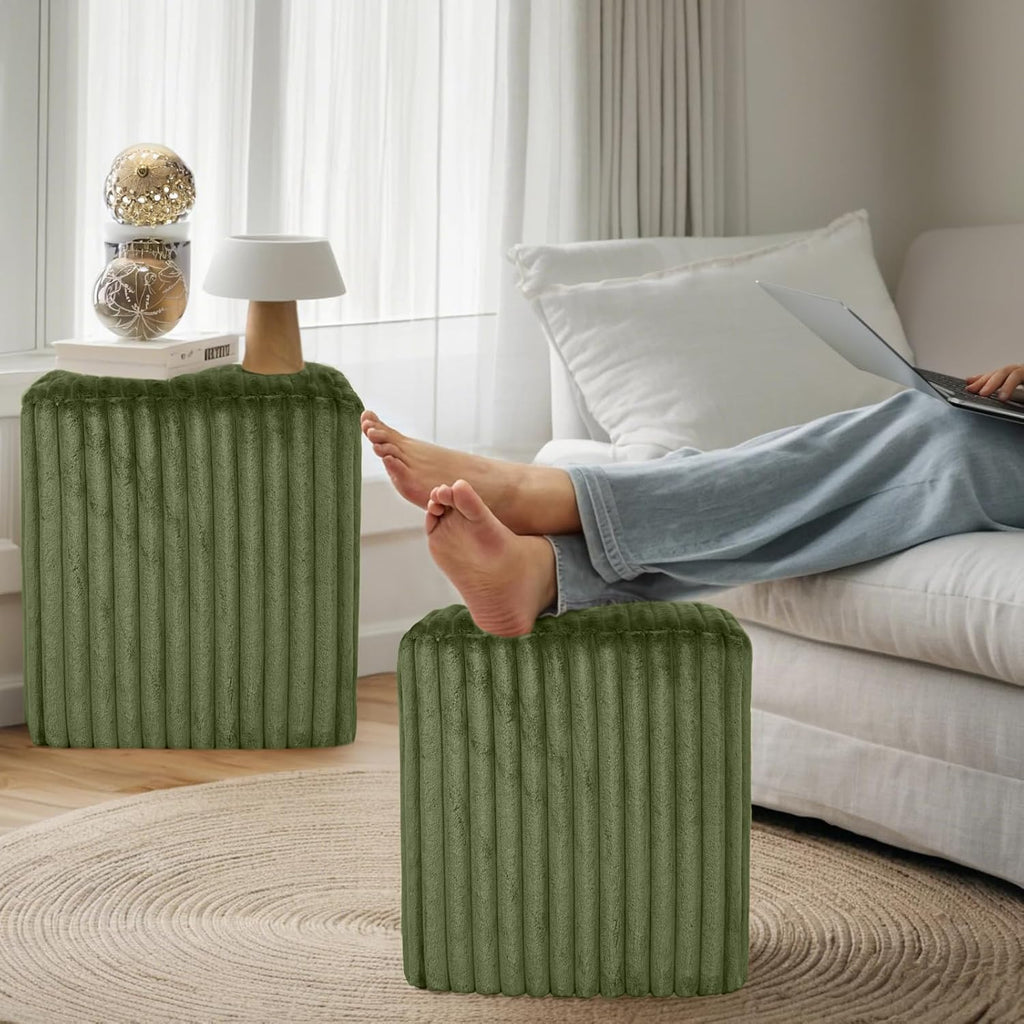YDcosyfy Modern Square Ottoman, Vertical Channel Tufted Foot Stool Ottoman, Velvet Upholstered Vanity Stool for Makeup, Bedroom, Living Room, Dark Green