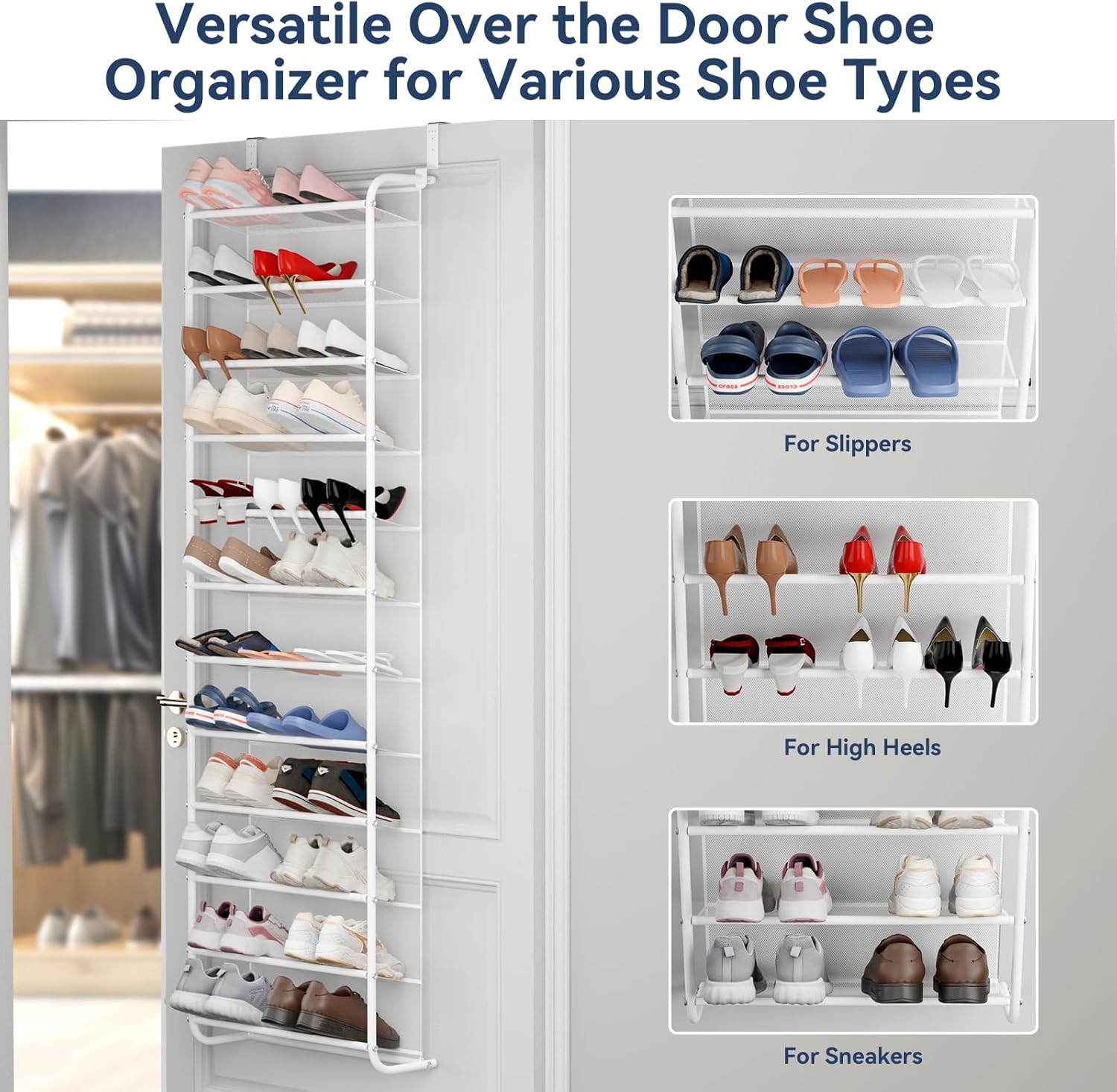 Whitmor 36 Pair Over The Door Shoe Organizer, 12 Tier Hanging Shoe Organizer, Heavy Duty Metal & Mesh Shoe Holder, Hanging Shoe Rack for Closet Organizer & Storage, 74"H x 21.7"W x 7.5"D, White