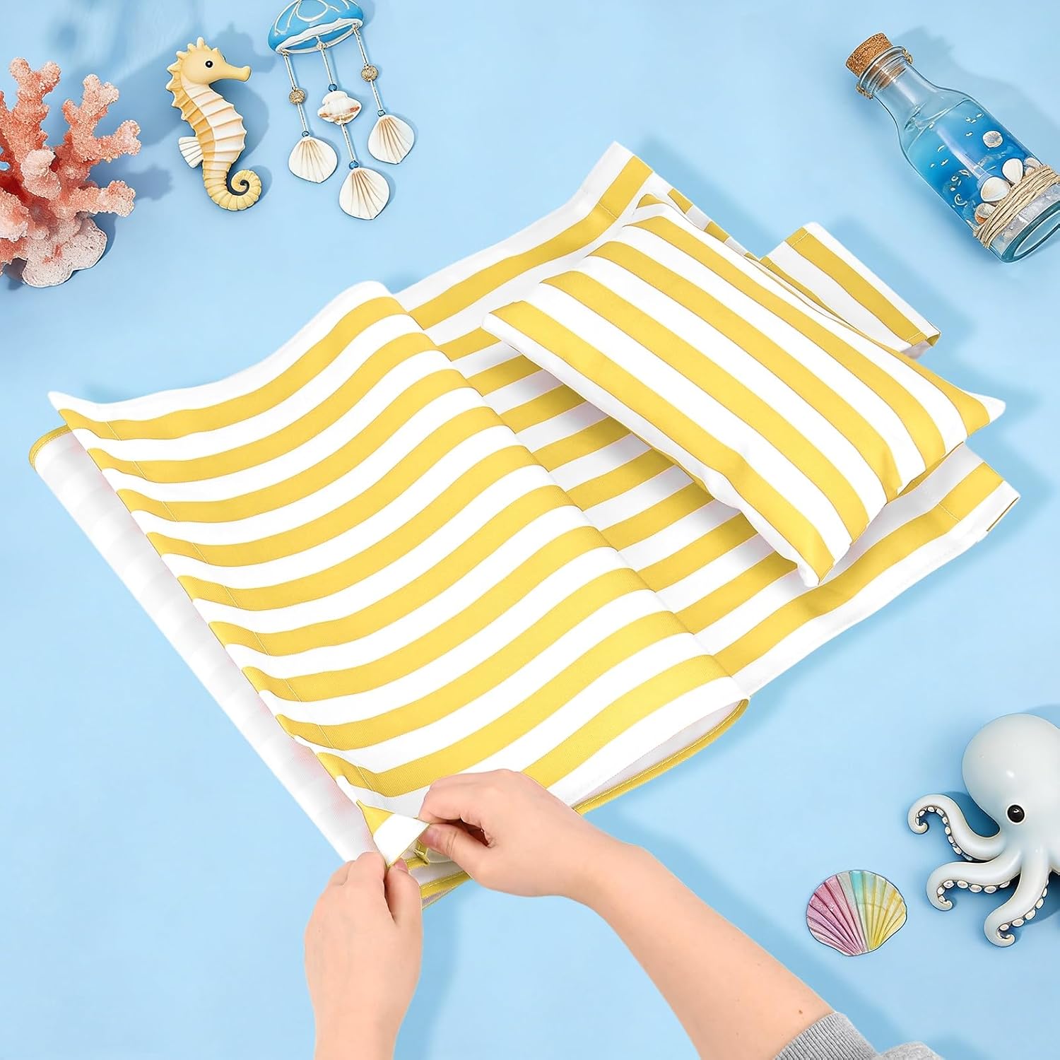 M METERXITY Beach Sling Chair Replacement Canvas, 16x44.5 Inch Folding Lounge Chair Fabric with Pillow for Beach/Sunbathing/Courtyard/Garden [Pinstripe Yellow, Only Replacement]