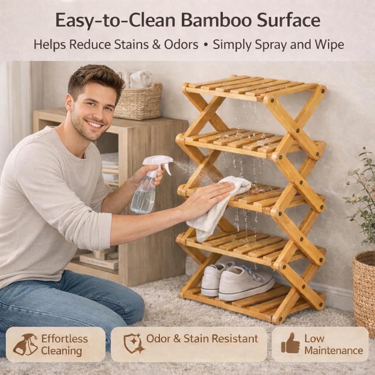 GDSAFS 2-9 Tier Bamboo Shoe Rack, 2026 New Sturdy Foldable Shoe Organizer, High-Capacity No-Assembly Vertical Storage with Anti-Slip Base for Hallway, Bedroom, Corner, Kids' Room (Yellow,9 Layers)