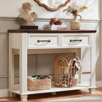 SAVOR LIFE Farmhouse 46" Console Table with 2 Drawers, Rustic Wood 2 Tier Entryway Table with Open Storage Shelf for Entry, Large Mid-Century Vintage Sofa Tables Behind Couch for Living Room, White