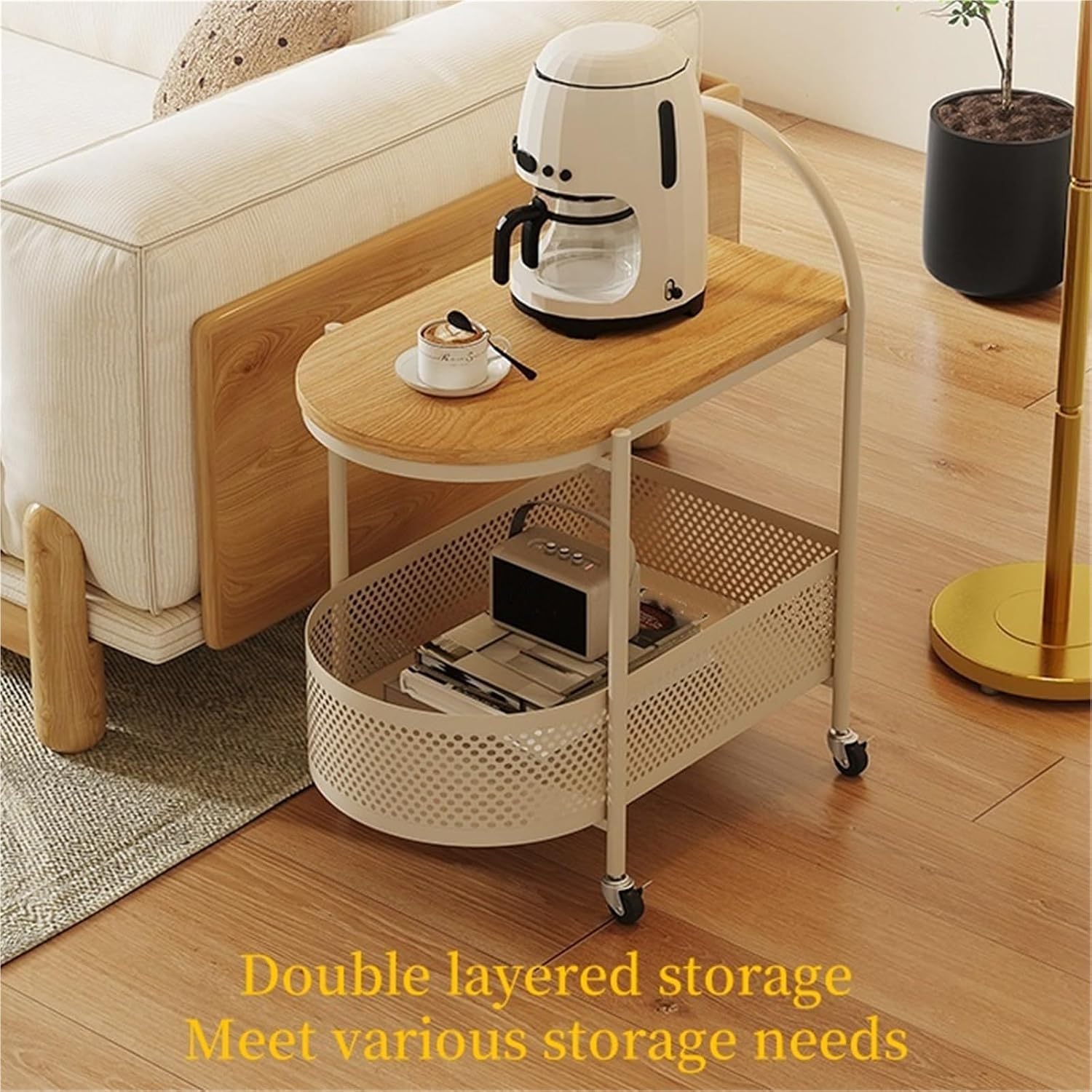 Sofa Side Table with Wheels Coffee Storage Cart Movable End Table with Storage Basket Iron Frame Small Coffee Tables for Living Room Multi Scenario Use(White)